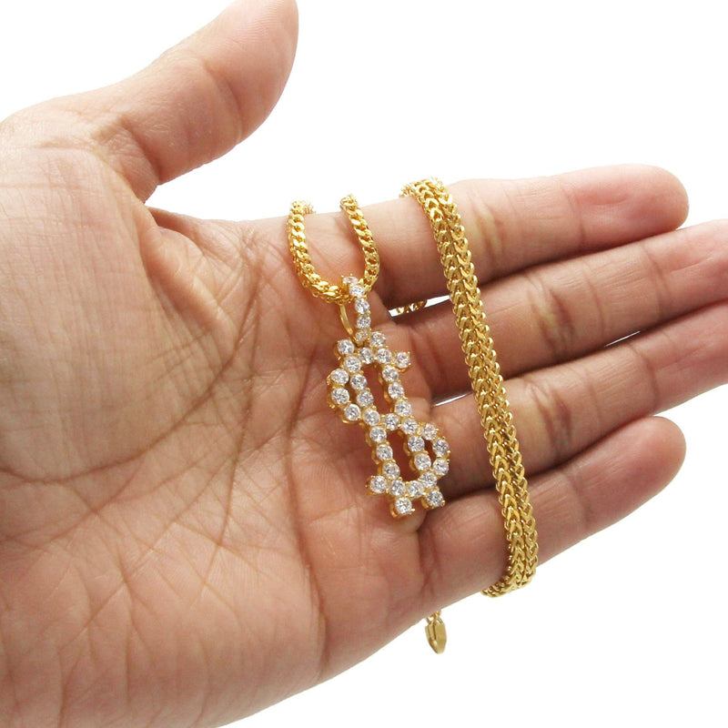 Mens Gold Plated Franco Chain & Money Sign Pendant | Appx. 14.3 Grams