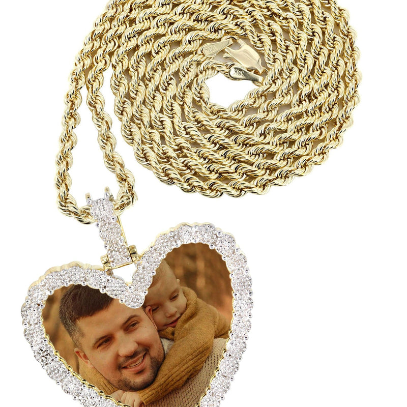 10K Yellow Gold Large Diamond Heart Picture Pendant Necklace | Appx. 24 Grams