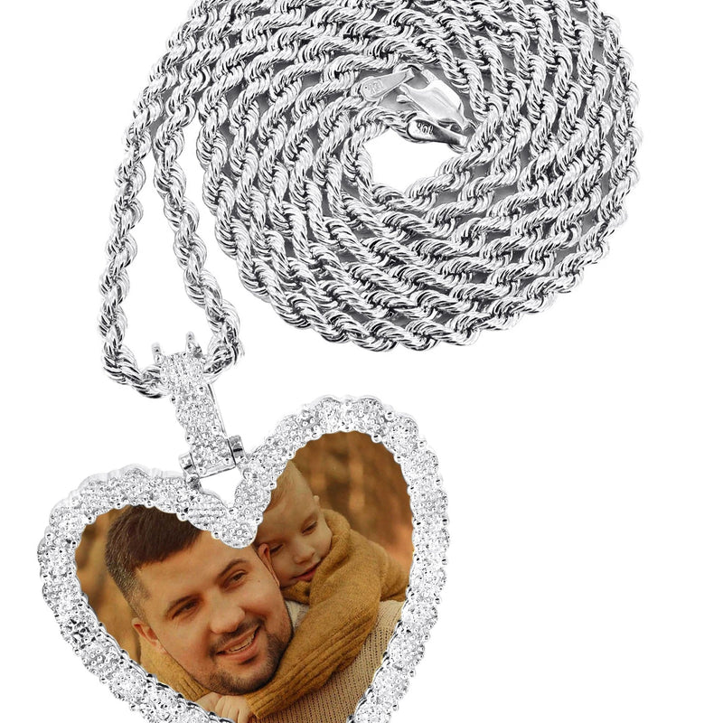 10K White Gold Large Diamond Heart Picture Pendant Necklace | Appx. 24 Grams