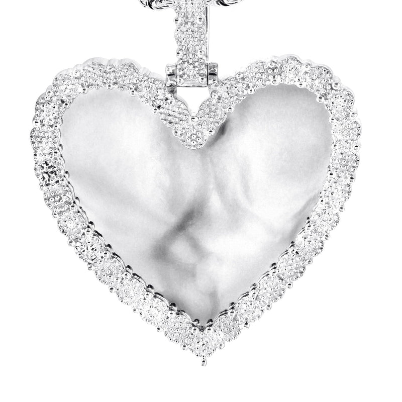 10K White Gold Large Diamond Heart Picture Pendant Necklace | Appx. 24 Grams