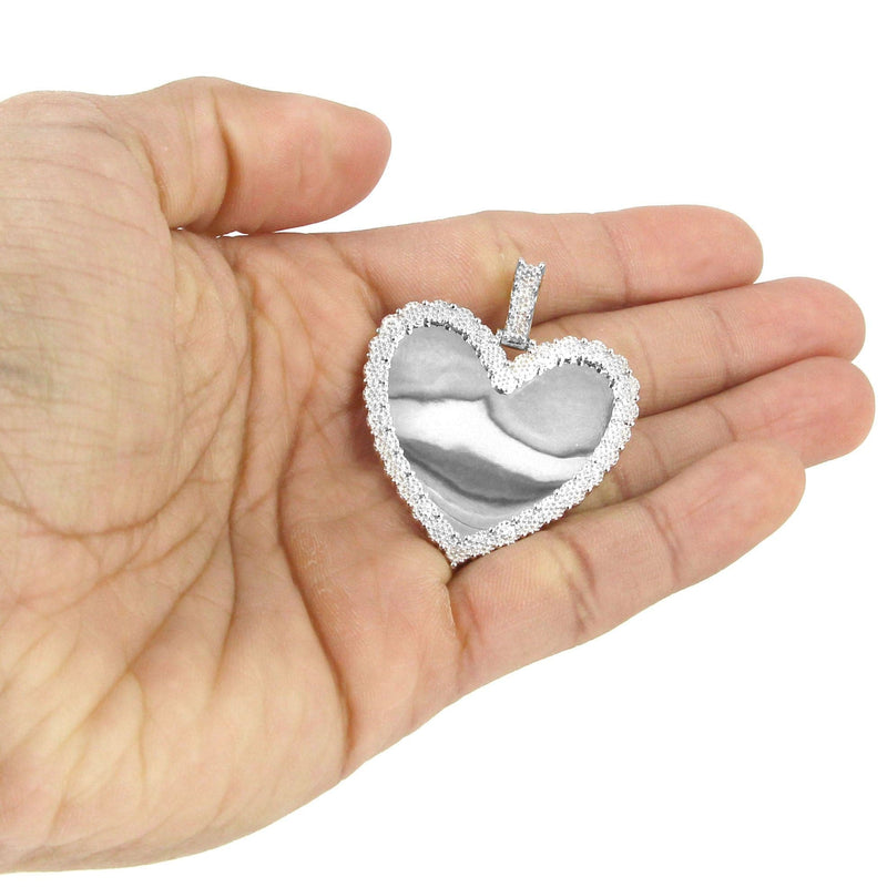 10K White Gold Large Diamond Heart Picture Pendant Necklace | Appx. 24 Grams