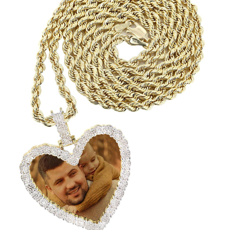 10K Yellow Gold Medium Diamond Heart Picture Pendant Necklace | Appx. 21 Grams