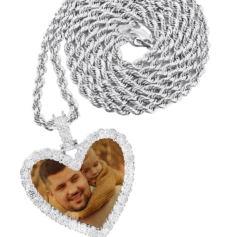 10K White Gold Medium Diamond Heart Picture Pendant Necklace | Appx. 21 Grams
