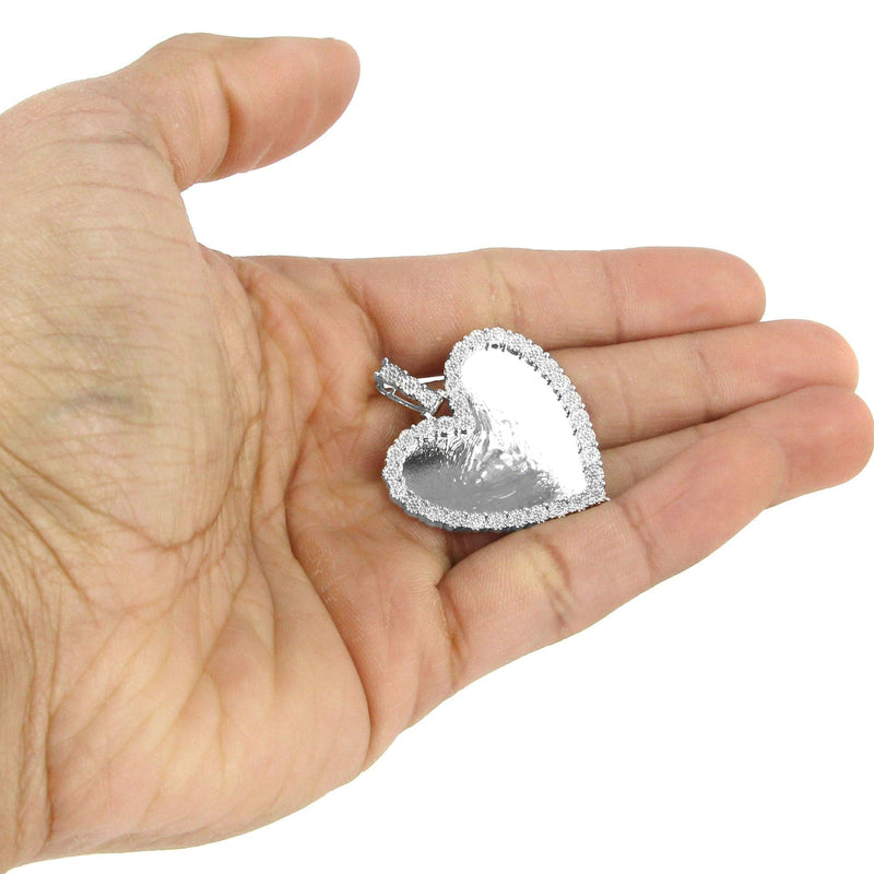 10K White Gold Medium Diamond Heart Picture Pendant Necklace | Appx. 21 Grams