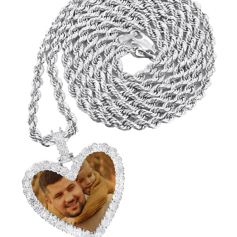 10K White Gold Small Diamond Heart Picture Pendant Necklace | Appx. 18 Grams