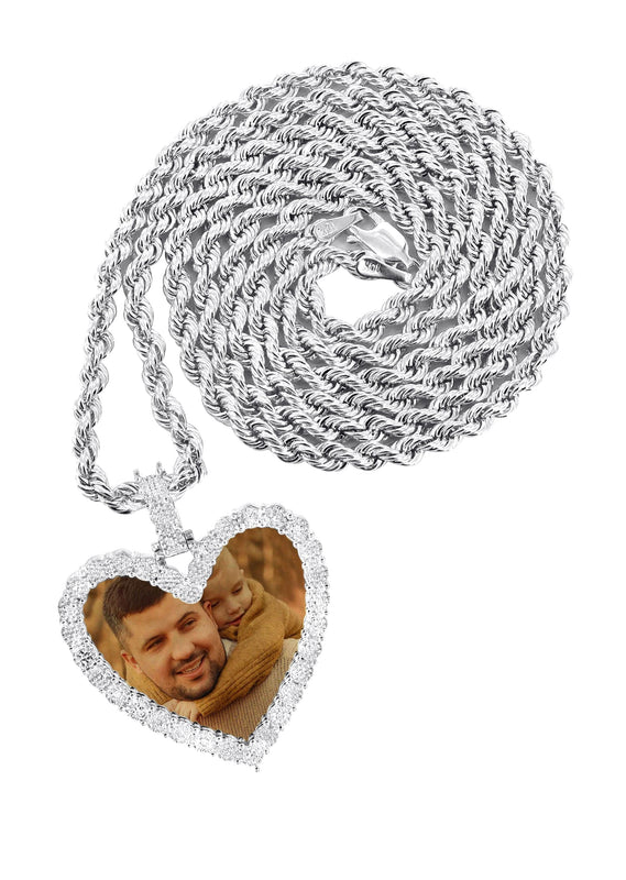 10K White Gold Small Diamond Heart Picture Pendant Necklace | Appx. 18 Grams