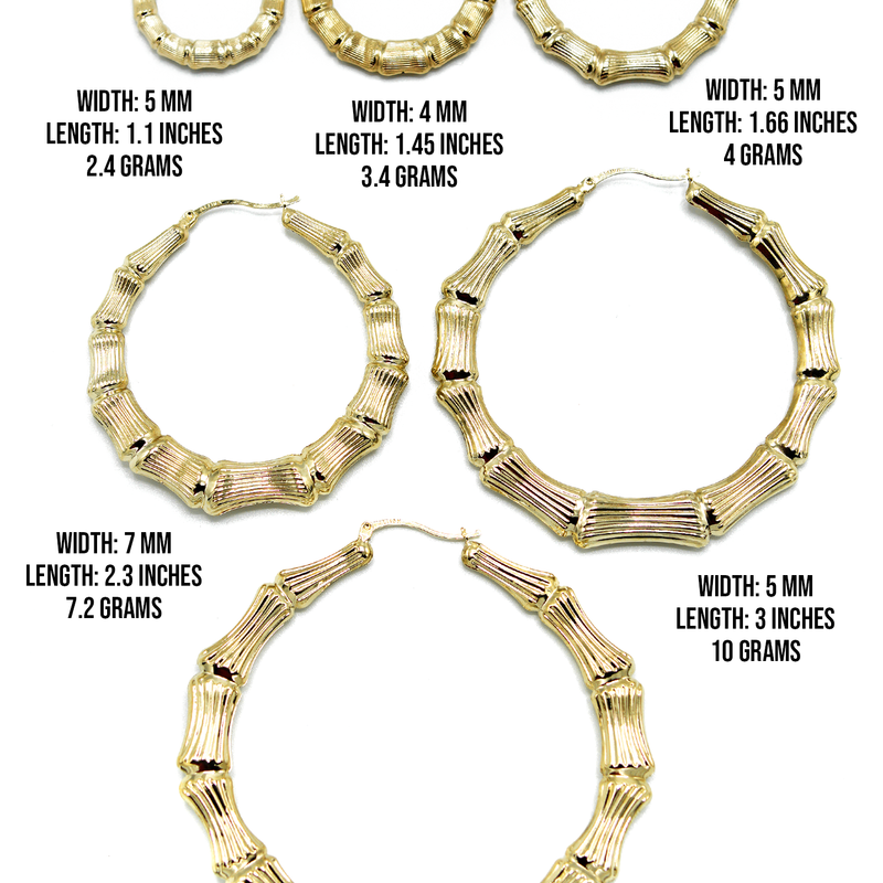 10K Womens Bamboo Gold Hoop Earrings | Customizable Size