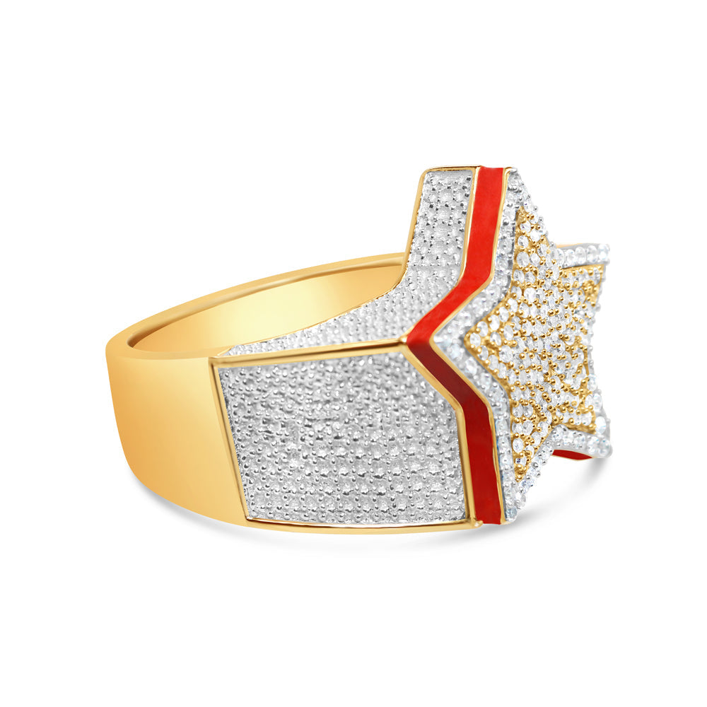 Mens Gold Star with Red Enamel Diamond Pinky Ring | 10K Yellow Gold | 0.65CTW