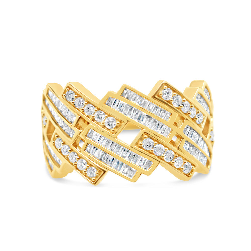 Mens Round and Baguette Diamond Cuban Pinky Ring | 14K Gold Tri-Color Available | 1.09CTW