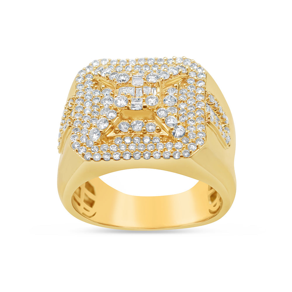 Mens Gold Round and Baguette Diamond Big Square X Pinky Ring | 10K Yellow Gold | 1.72CTW