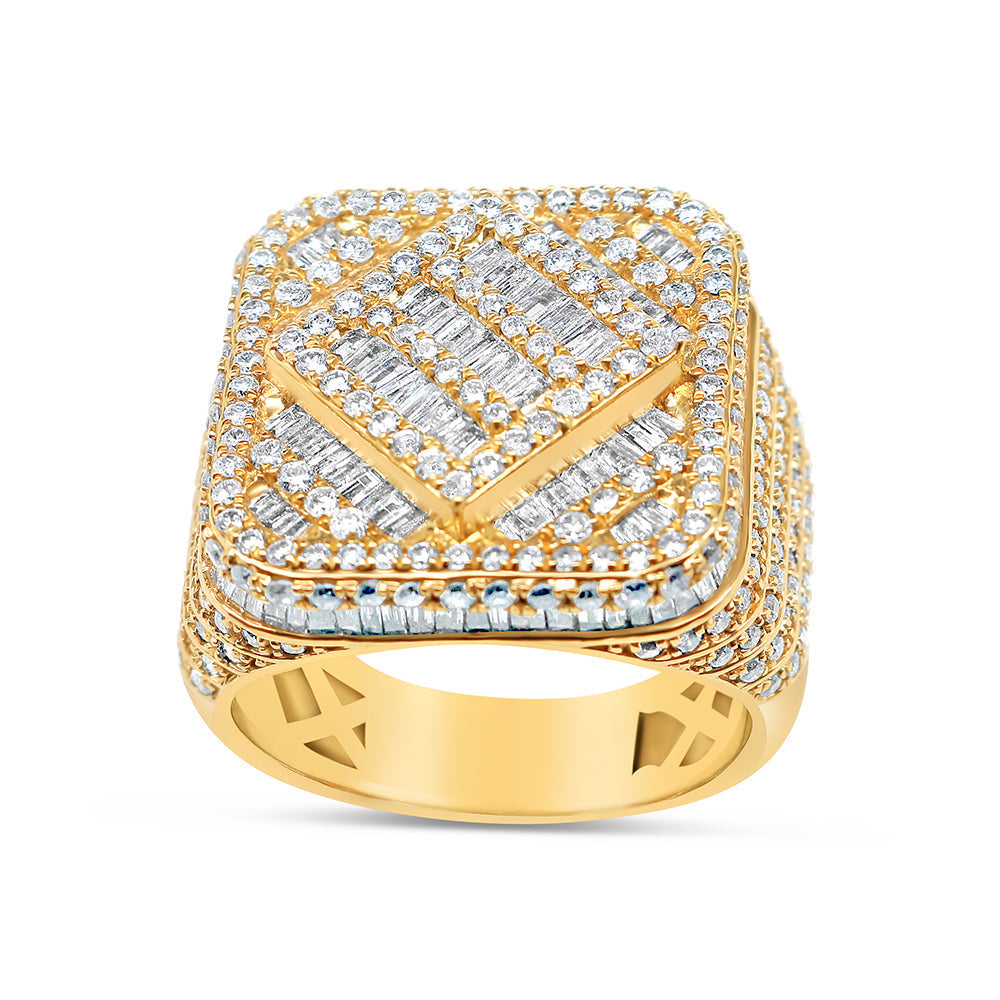 Mens Gold Round and Baguette Diamond Big Square Pinky Ring | 14K Yellow Gold | 3.33CTW