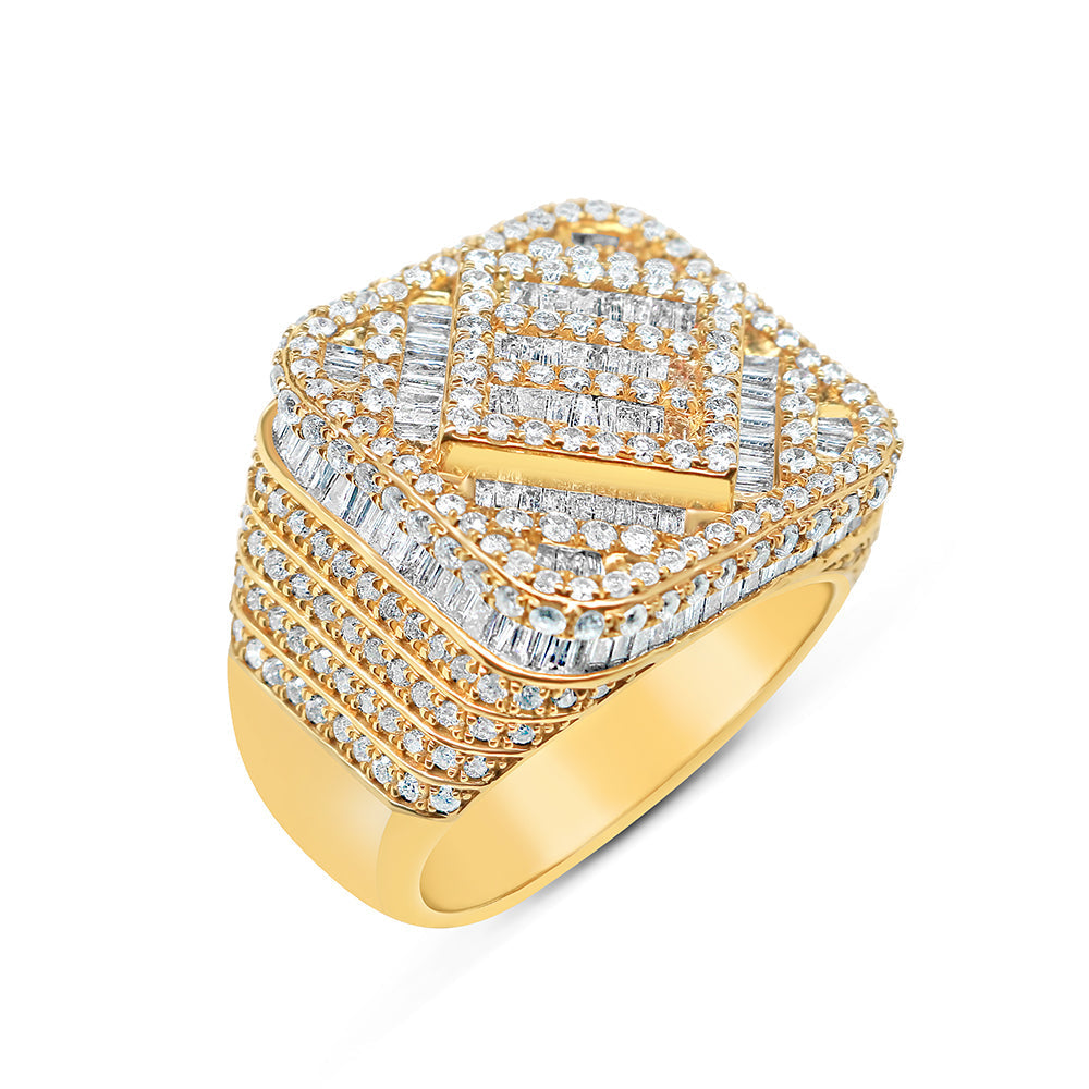 Mens Gold Round and Baguette Diamond Big Square Pinky Ring | 14K Yellow Gold | 3.33CTW
