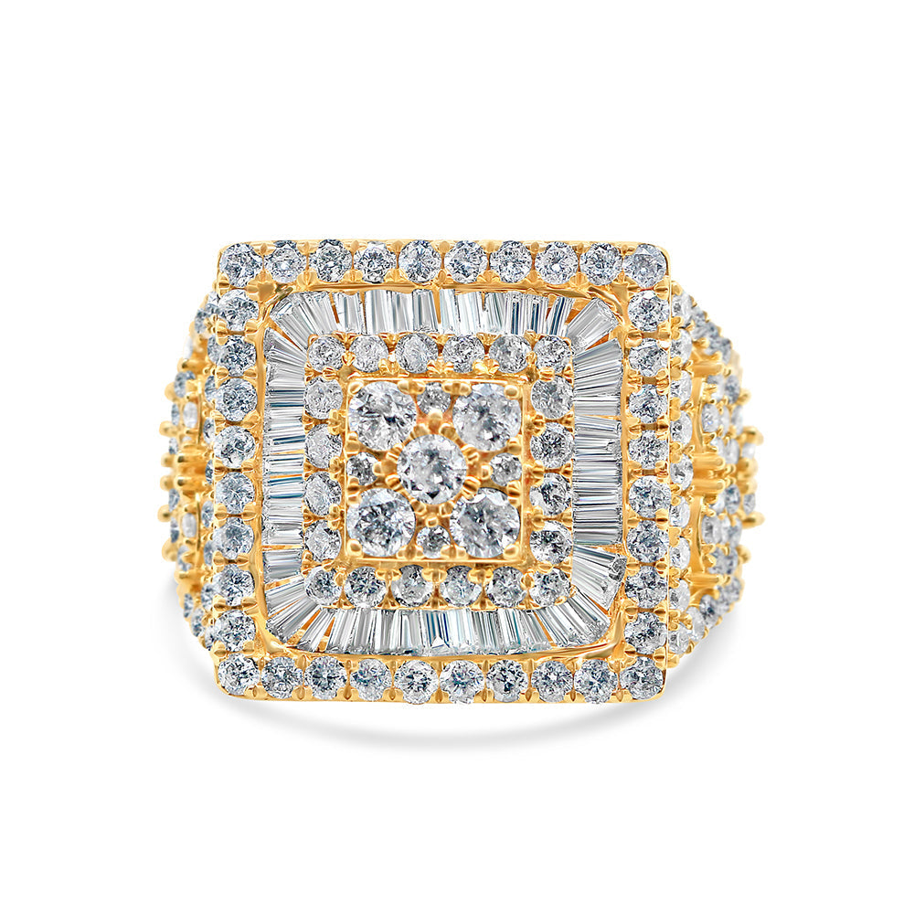 Mens Gold Diamond and Baguette Risen Square Pinky Ring | 14K Yellow Gold | 3.88CTW