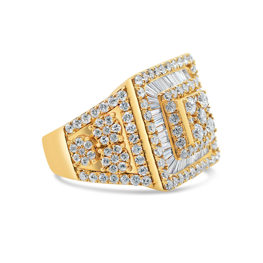 Mens Gold Diamond and Baguette Risen Square Pinky Ring | 14K Yellow Gold | 3.88CTW
