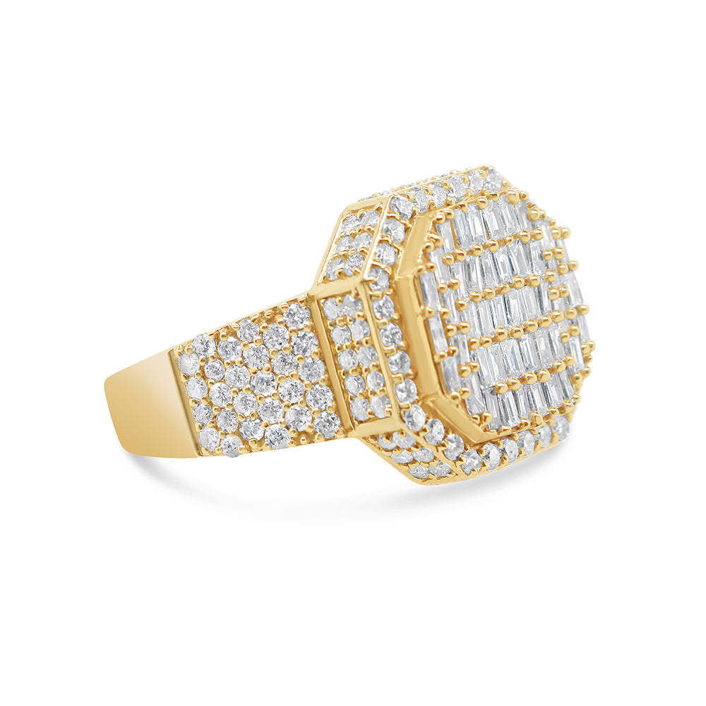 Mens Gold Diamond and Baguette Risen Square Pinky Ring | 10K Yellow Gold | 2.90CTW