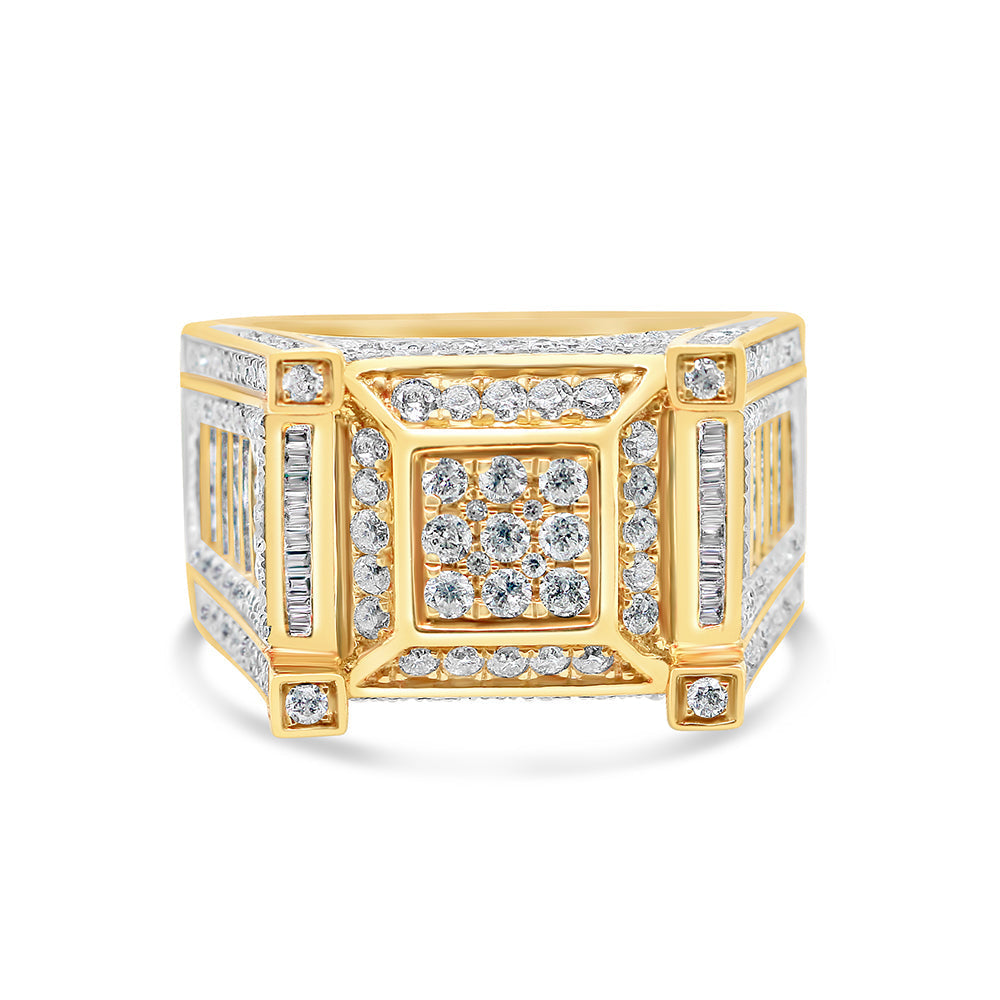 Mens Gold Baguette and Round Diamond Square Risen Pinky Ring | 14K Yellow Gold | 1.80CTW