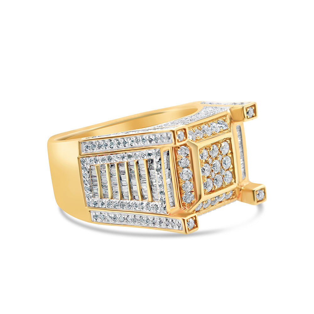 Mens Gold Baguette and Round Diamond Square Risen Pinky Ring | 14K Yellow Gold | 1.80CTW