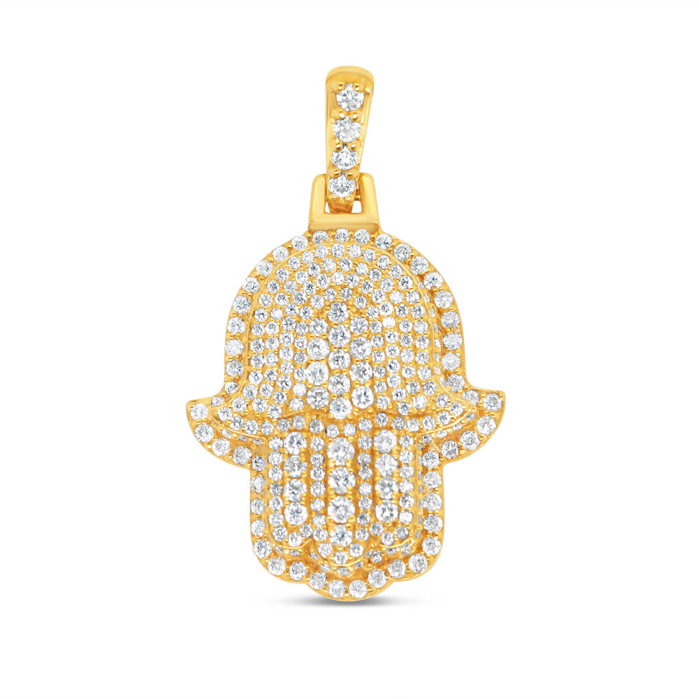 3D Hamsa  - Solid Yellow Gold Diamond Pendant | 1.20CTW | 14K