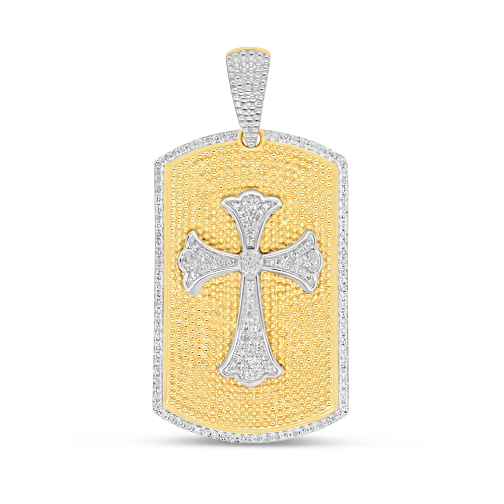 Dog Tag with Cross - Yellow Gold Diamond Pendant | 1.38 CTW | 10K
