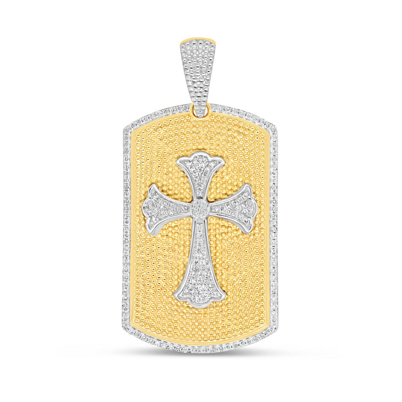 Dog Tag with Cross - Yellow Gold Diamond Pendant | 1.38 CTW | 10K