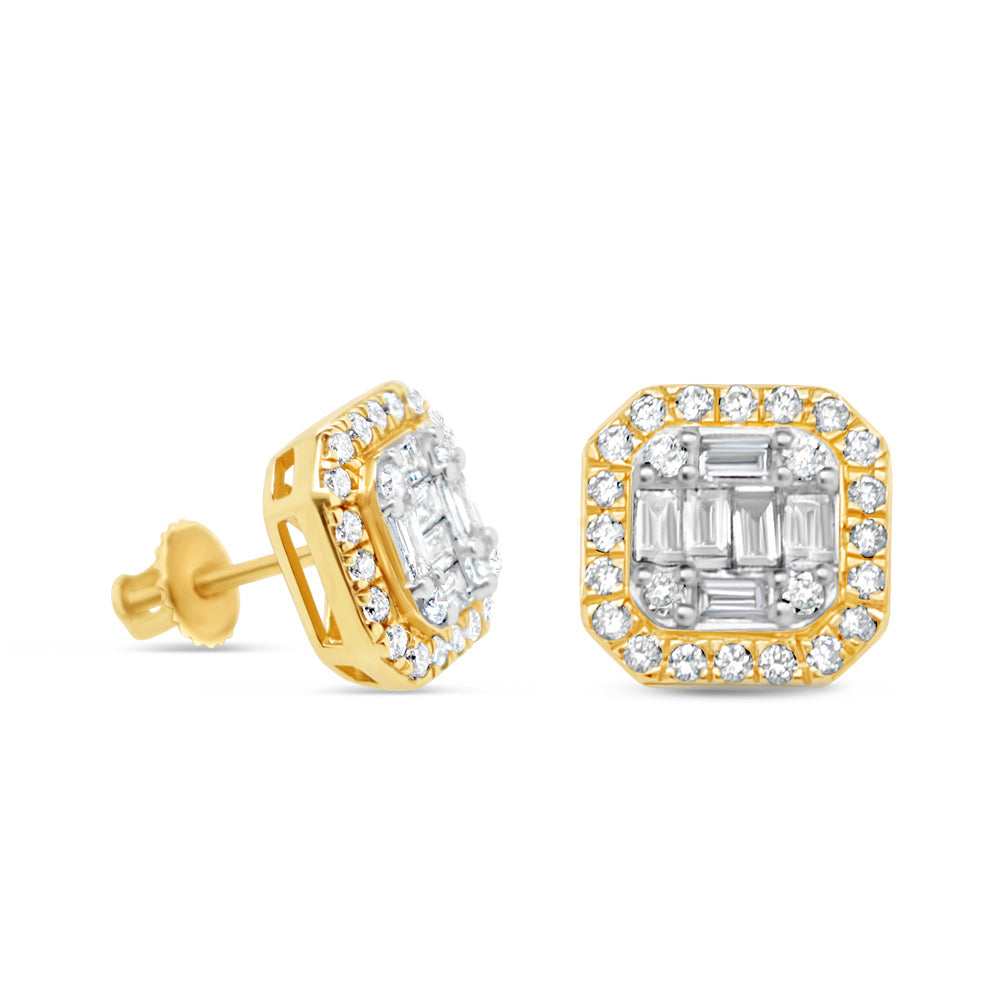 Gold Baguette and Round Diamond Square Earrings| Yellow Gold 10K|  1.04CT | 10MM