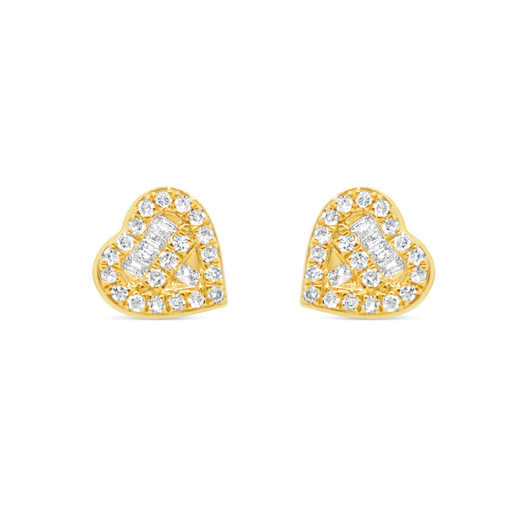 Gold Baguette and Round Diamond Heart Earrings| Yellow Gold 14K| 0.23CT | 7MM