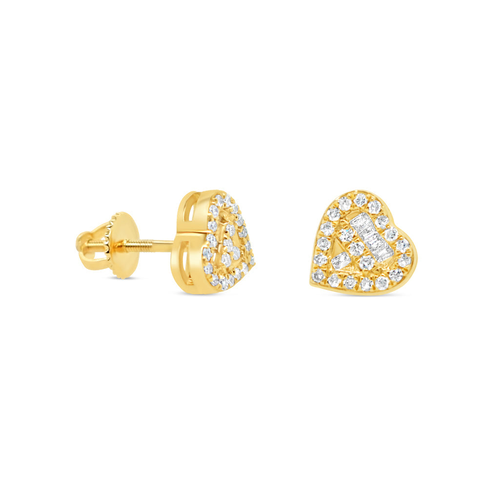 Gold Baguette and Round Diamond Heart Earrings| Yellow Gold 14K| 0.23CT | 7MM