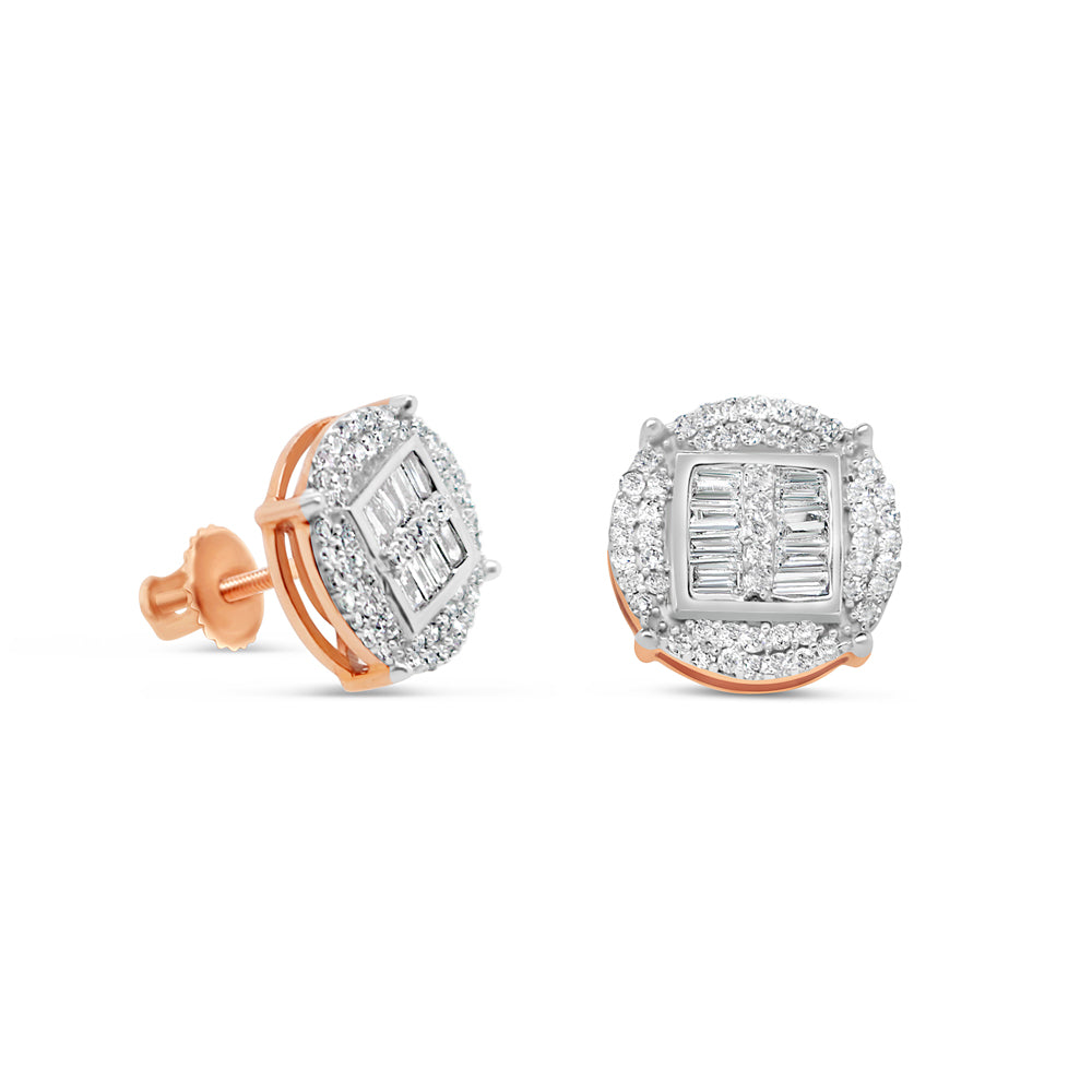 Gold Baguette and Round Diamond Round Earrings | Rose Gold 14K | 0.48CT | 10MM