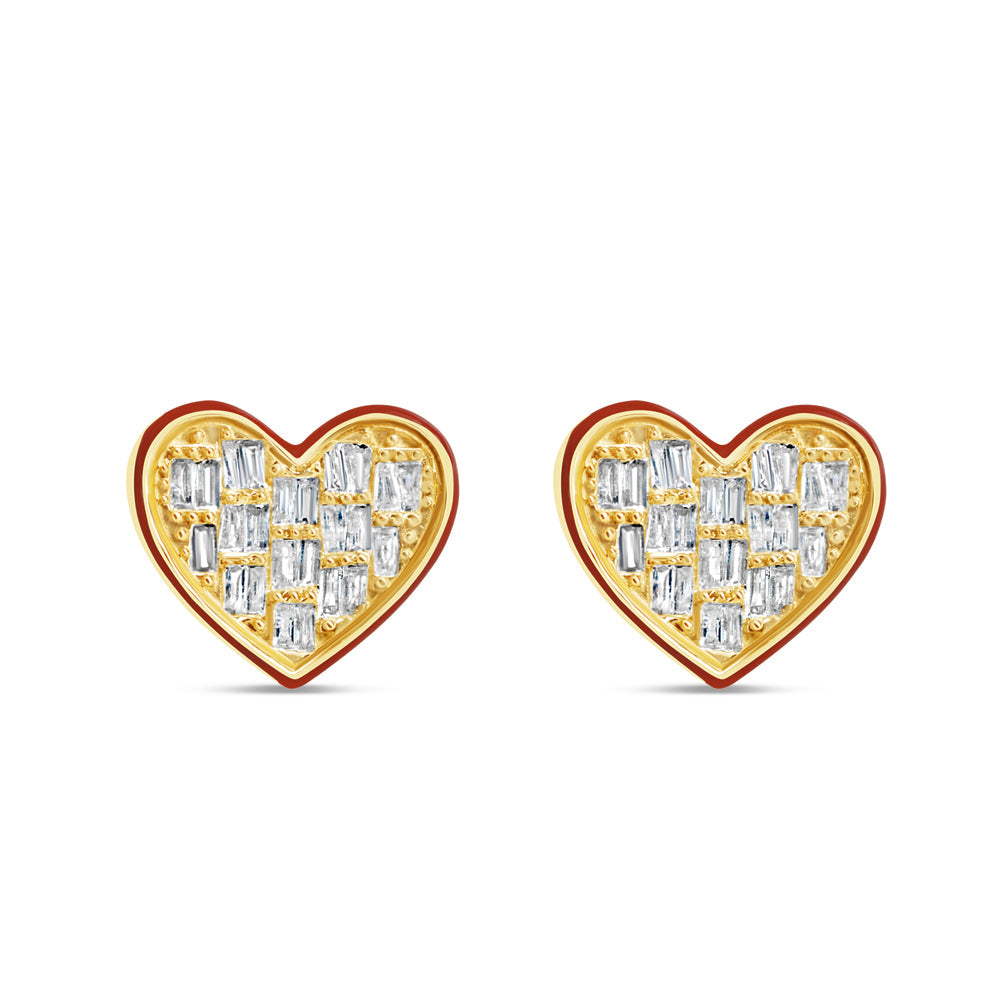 Gold Baguette Diamond Heart with Red Enamel Earrings | Yellow Gold 14K | 0.50CT | 13MM