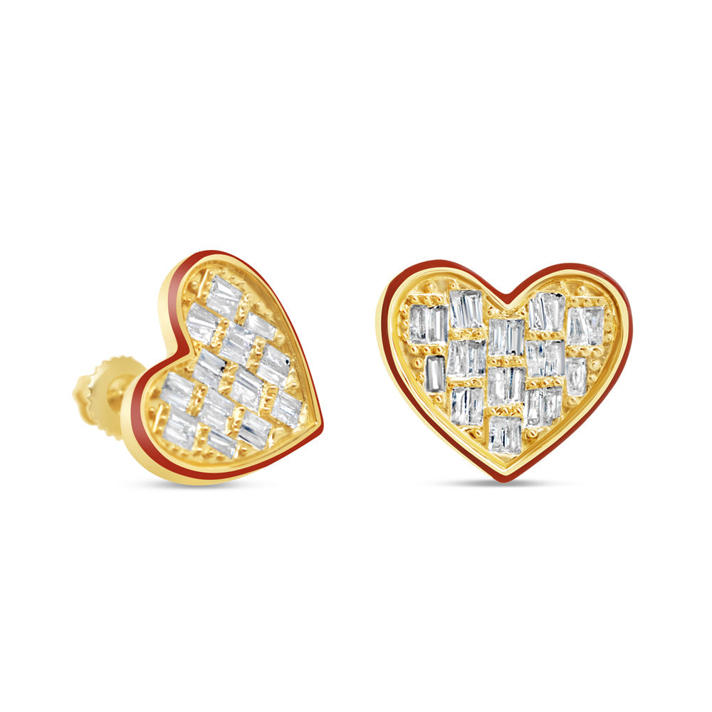 Gold Baguette Diamond Heart with Red Enamel Earrings | Yellow Gold 14K | 0.50CT | 13MM