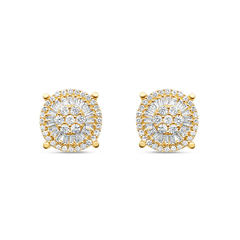 14K Yellow Gold | Round and Baguette Diamond Earrings | 1.01CT | 11.8MM
