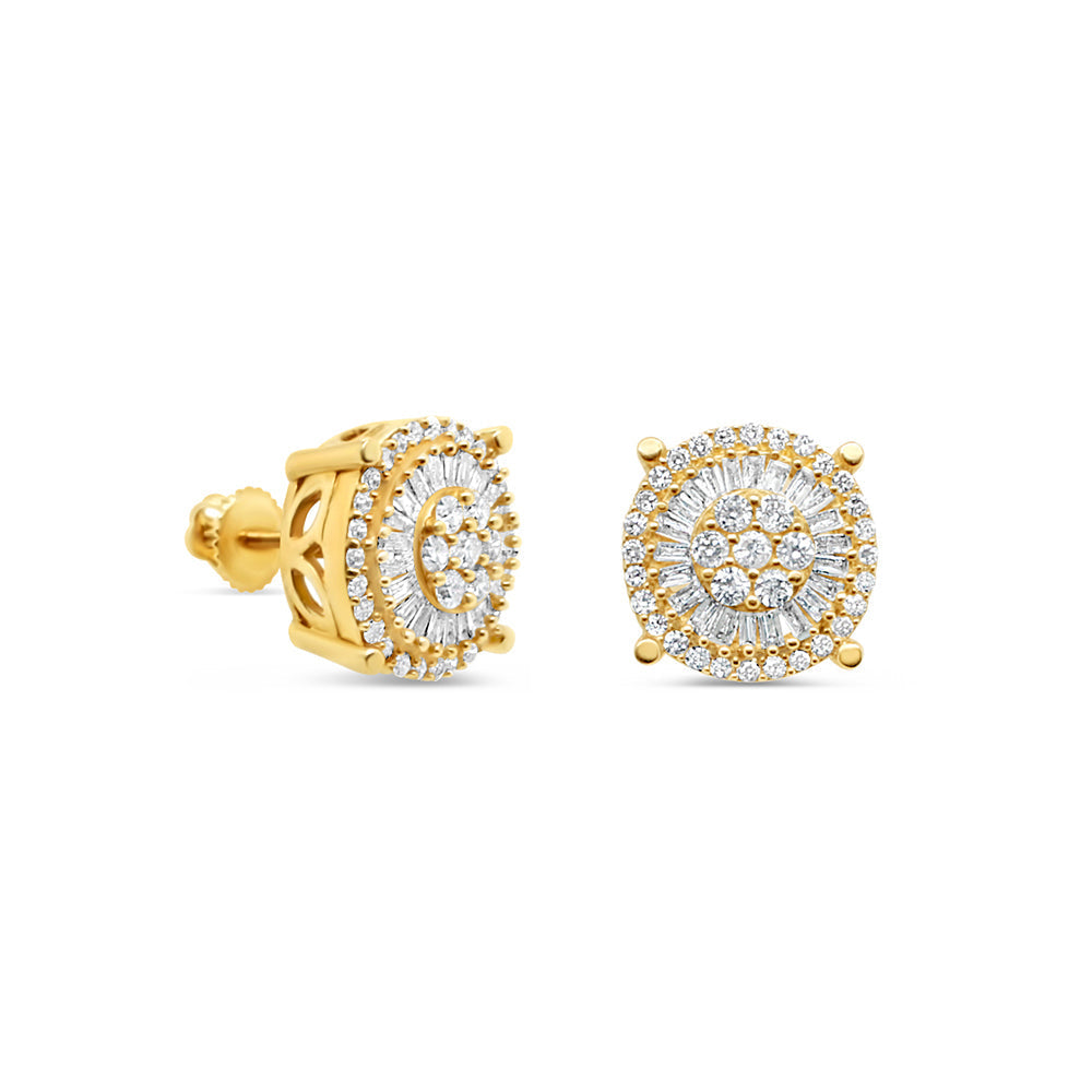 14K Yellow Gold | Round and Baguette Diamond Earrings | 1.01CT | 11.8MM