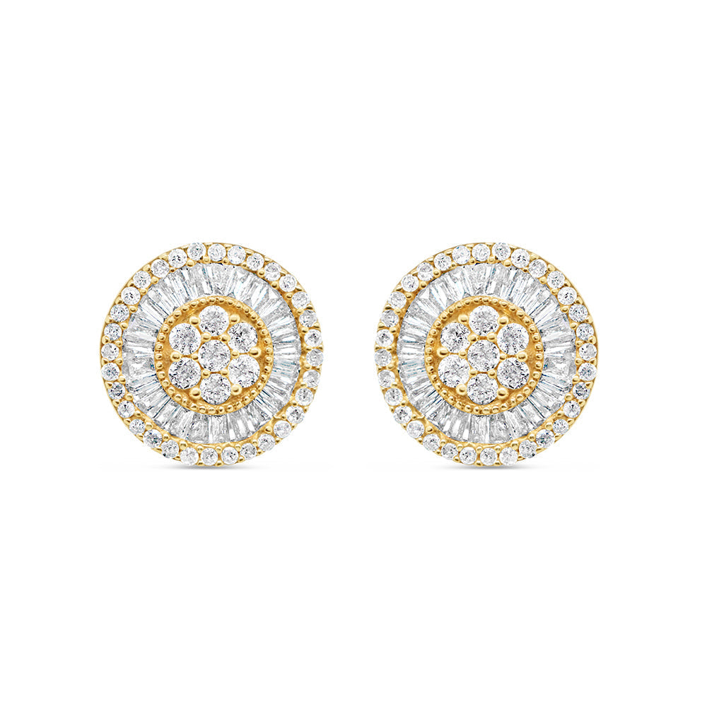 14K Yellow Gold | Round and Baguette Diamond Round Earrings | 1.01CTW | 11.2MM
