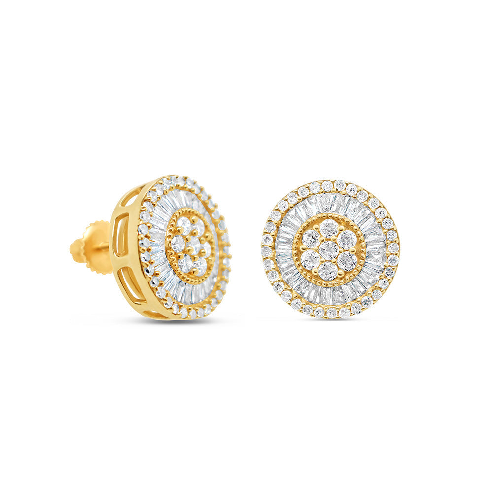 14K Yellow Gold | Round and Baguette Diamond Round Earrings | 1.01CTW | 11.2MM