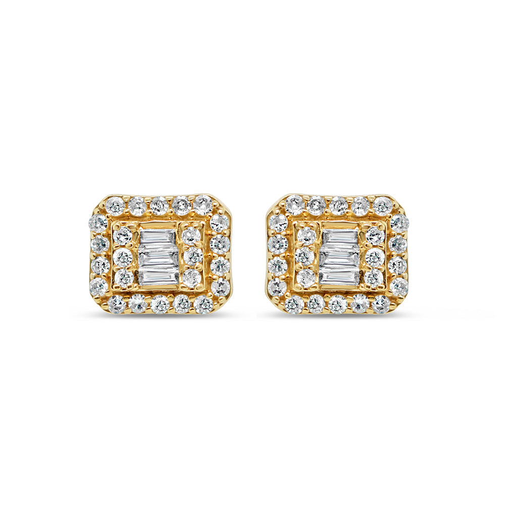 14K Yellow Gold | Round and Baguette Diamond Earrings | 1.07CTW | 10.7MM