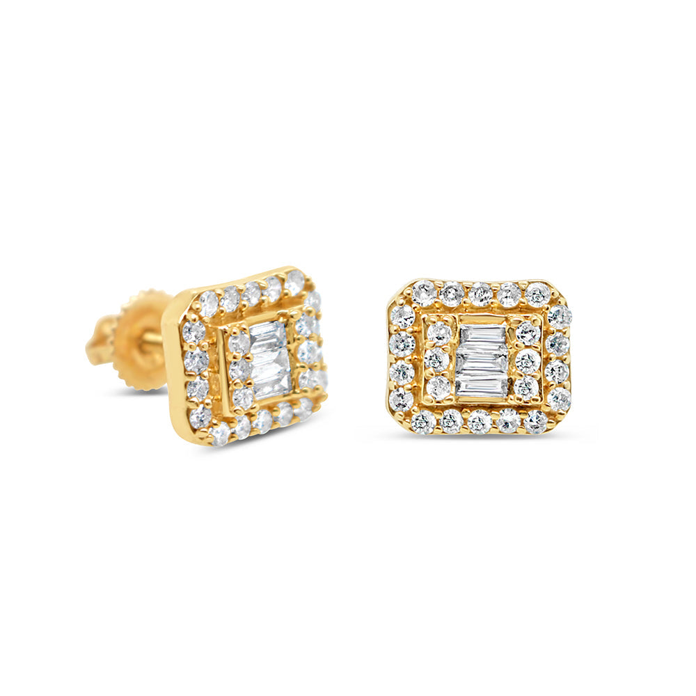 14K Yellow Gold | Round and Baguette Diamond Earrings | 1.07CTW | 10.7MM