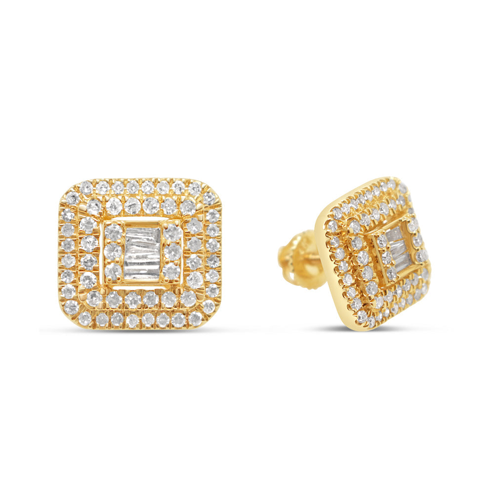 14K Yellow Gold | Round and Baguette Diamond Square Earrings | 1.7CTW | 10.3MM