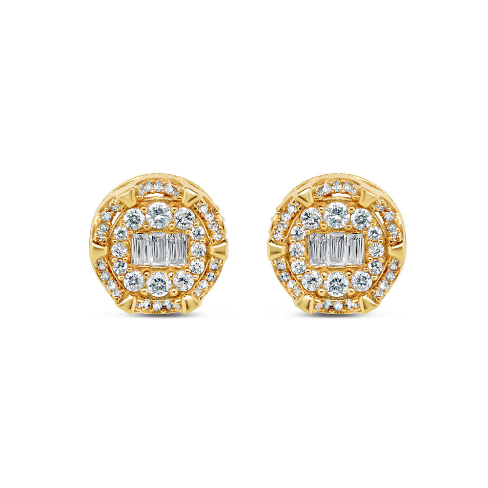 14K Yellow Gold | Round and Baguette Diamond Round Earrings | 0.76CTW | 10.7MM
