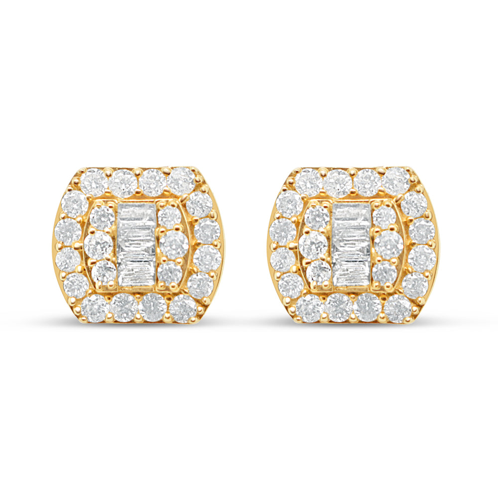 14K Yellow Gold | Round and Baguette Diamond Earrings | 1.07CTW | 10.50MM