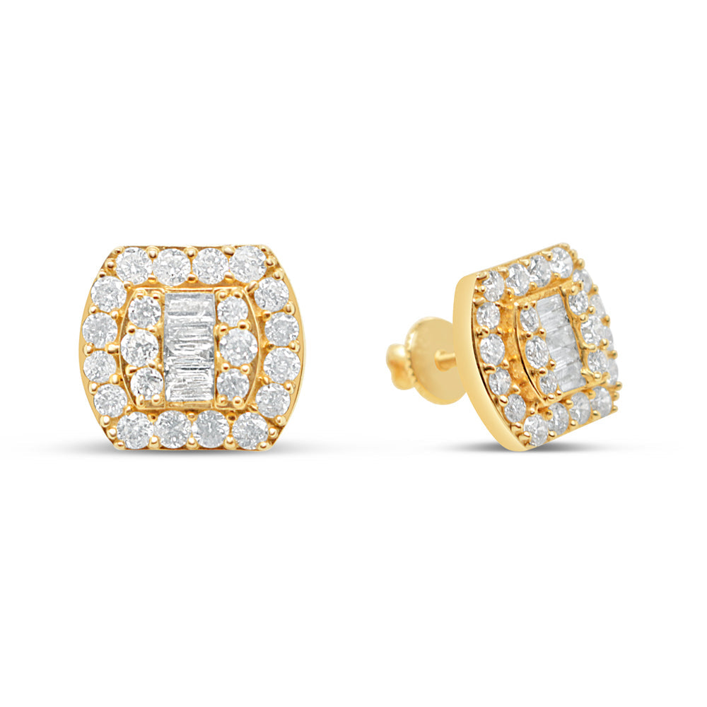 14K Yellow Gold | Round and Baguette Diamond Earrings | 1.07CTW | 10.50MM