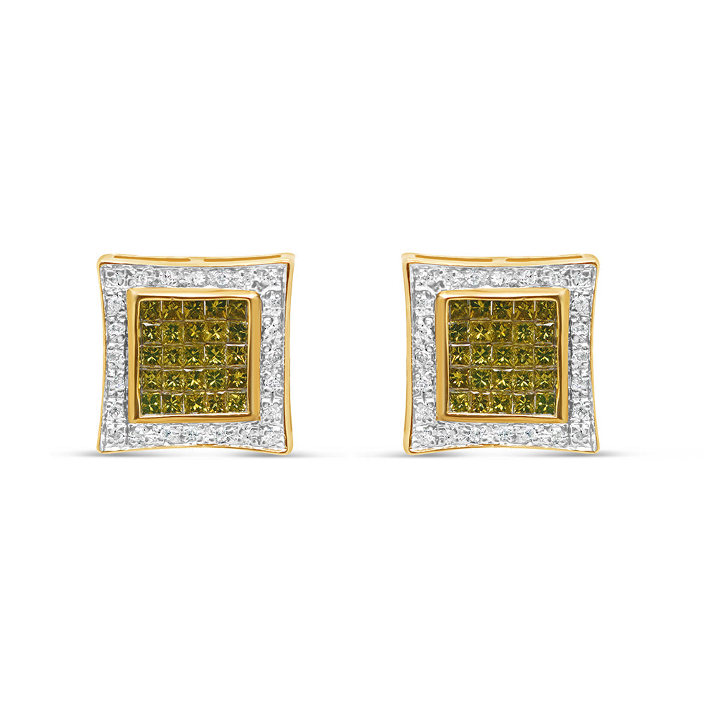 14K Yellow Gold | White and Green Diamonds Square Earrings | 0.76CTW | 14.24MM