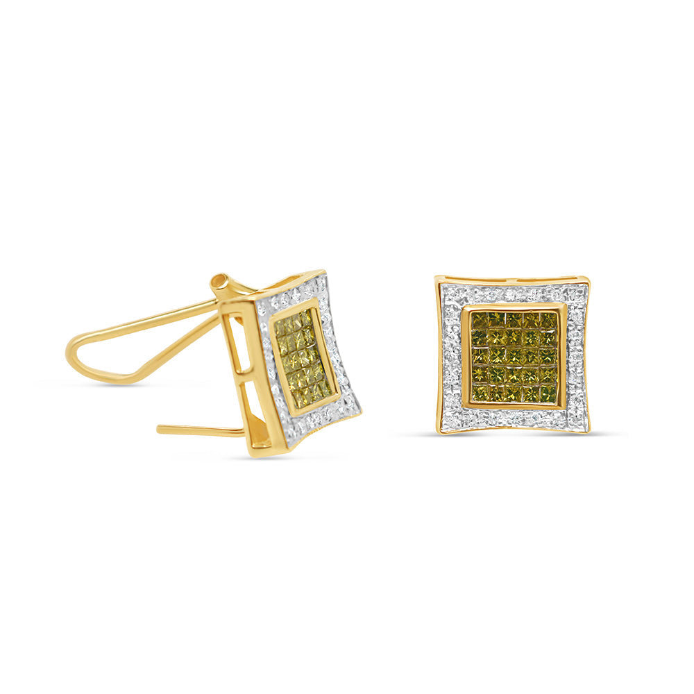 14K Yellow Gold | White and Green Diamonds Square Earrings | 0.76CTW | 14.24MM