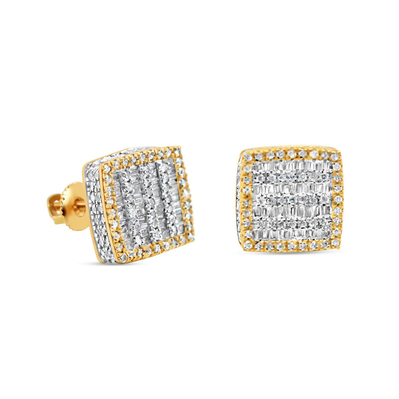 10k Gold Baguette Diamond 3-D Square Earrings 10mm 1.06CTW