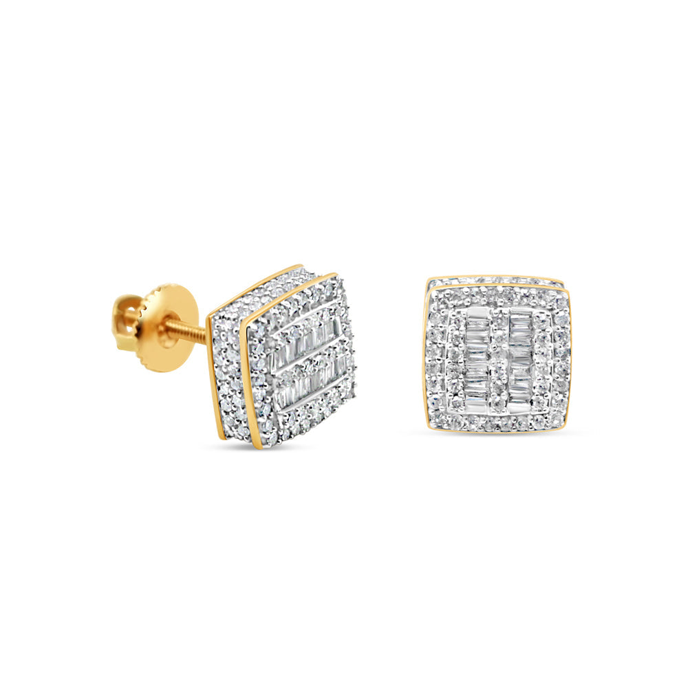 10k Gold Baguette Diamond 3-D Square Earrings 8mm .67CTW