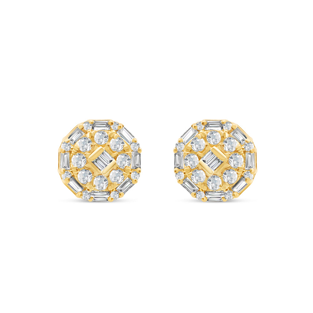 14k Gold Baguette Diamond Round Earrings 9mm 1.23CTW