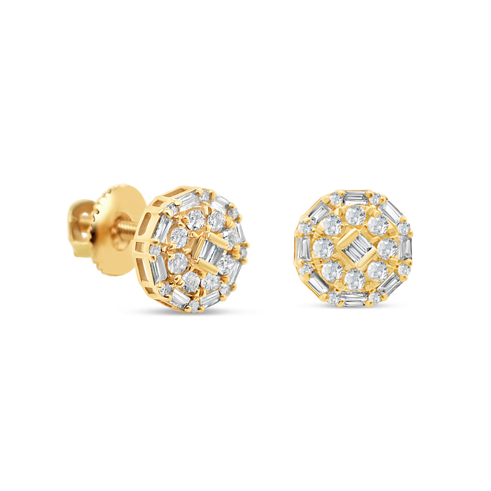 14k Gold Baguette Diamond Round Earrings 9mm 1.23CTW