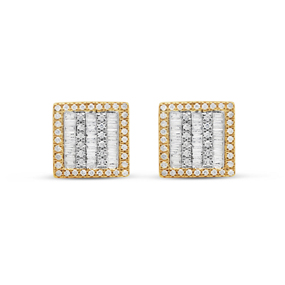 X- Large 10K Gold Baguette Diamond Square Earrings 12mm .65CTW