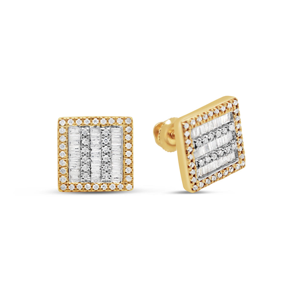 X- Large 10K Gold Baguette Diamond Square Earrings 12mm .65CTW