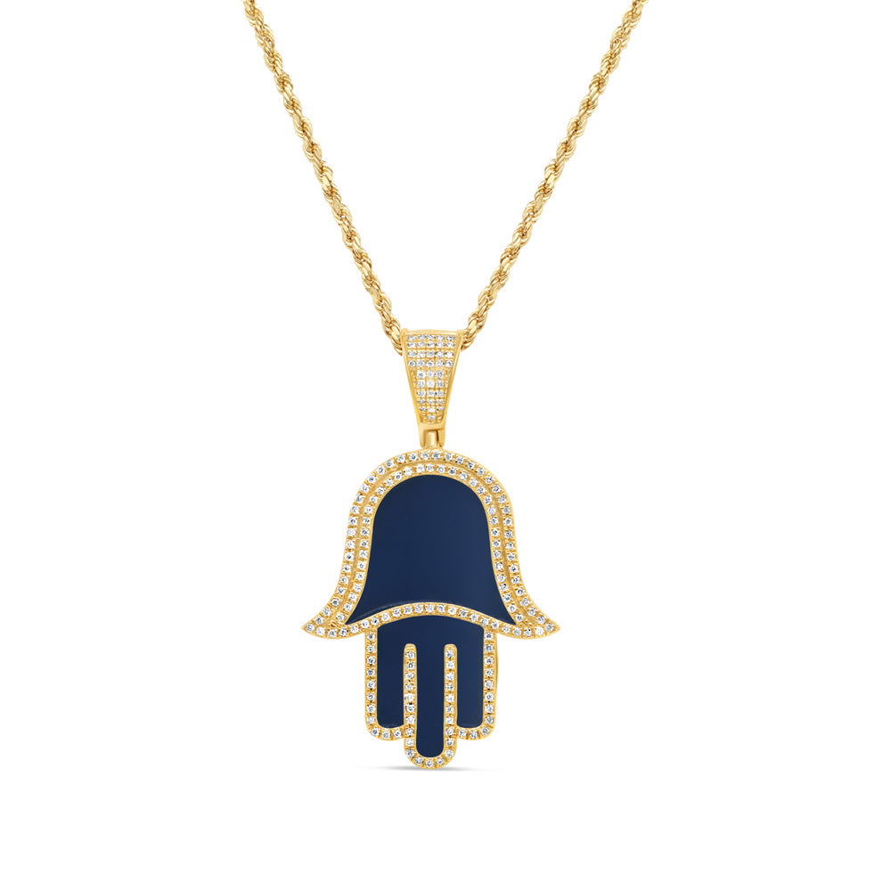 Blue Hamsa Pendant with Chain/Necklace | 14K Yellow Gold |0.46CT