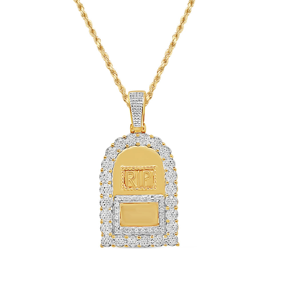 RIP Tombstone with Necklace | 10K Yellow Gold | 18.18MM| .91CT